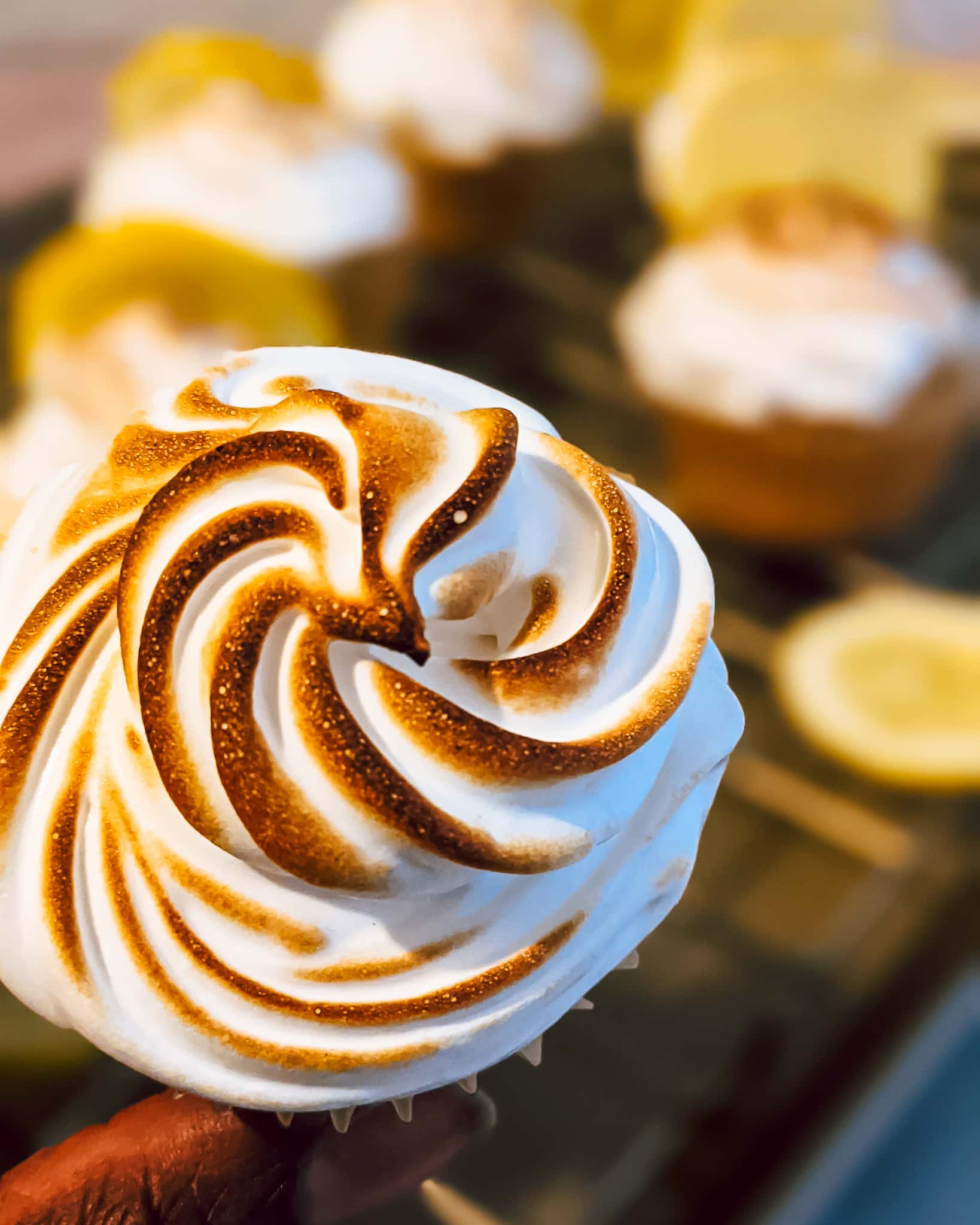 Close up view of toasted meringue top.